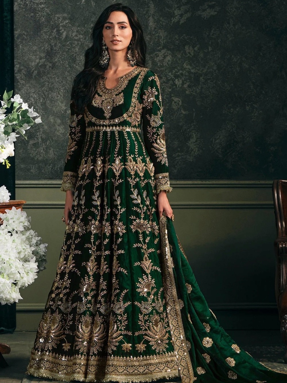Lashkaraa Green Embroidered Silk Anarkali • Size S • NWT • Formal